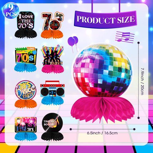 9 Pcs 70s Party Decorations Back to 70s Honeycomb Centerpieces Colorful Disco Party Favors 70's Boogie Centerpieces Disco Cake Topper for 70s Theme Birthday Music Party Decorations Retro Table Decor
