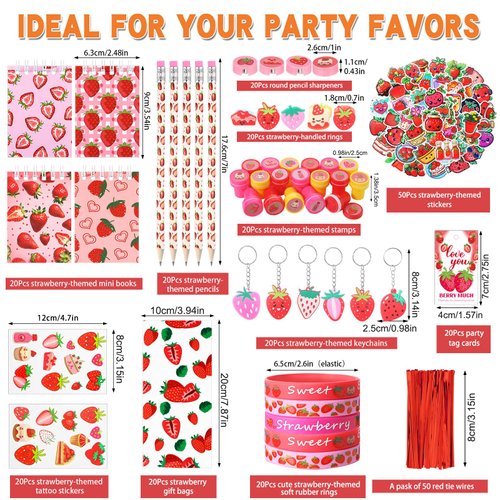 Sayglossy 251 Pcs Strawberry Party Favors Set Includes Gift Bags Pencils Notebook Sharpener Slap Bracelets Rings Keychains Tattoo Stickers Stamper Strawberry Party Favors for Birthday Shower