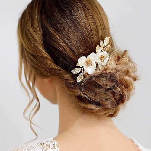 CASOLVX Bridal Hair Comb White Flower Gold Leaf Hair Pieces Wedding Hair Headpieces for Brides Bridesmaids Women Girls