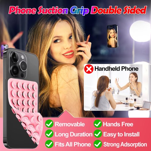 2Pcs Silicone Suction Cup Phone Case Mount Double Sided, Phone Accessories Hands-Free Sticky Phone Grip for Selfies and Videos, Anti-Slip Phone Suction Grip for iPhone and Android, Light Pink