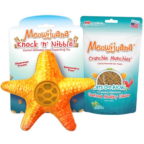 Meowijuana | Knock N' Nibble Starfish & Seafood Treat Bundle | Crunchie Munchie Catnip Treats | Refillable Treat Dispensing Toy | Promotes Play and Cat Health