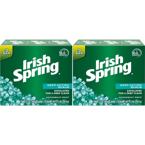 Irish Spring Deodorant Bar Soap, Clean Scrub, 3.75 oz bars, 3 ea (Pack of 2)