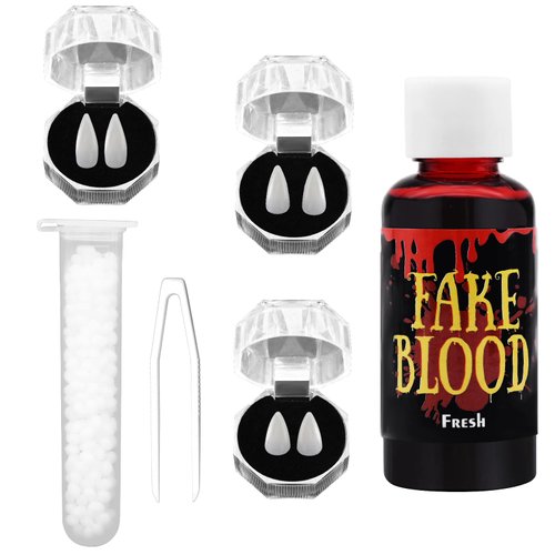 Pedenty 3 Sizes 3 Pairs Vampire Teeth Fake Fangs with Blood and Adhesive Tooth Beads for Women Men Halloween Costume Props Party Favors Accessories White Horror 15mm, 17mm 19mm