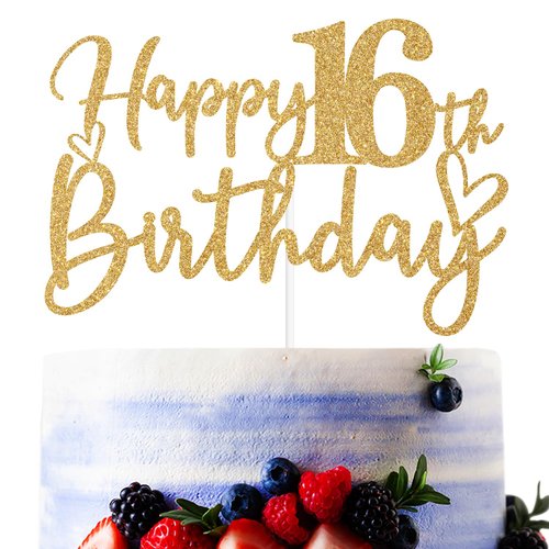 Gold Glitter Happy 16th Birthday Cake Topper, Happy Sweet 16/Cheers to 16 Years, Funny 16th Birthday Party Decorations Supplies for Boys Girls