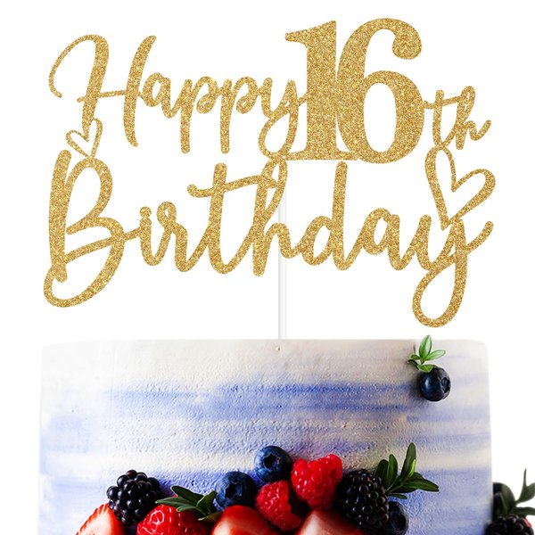 Gold Glitter Happy 16th Birthday Cake Topper, Happy Sweet 16/Cheers to 16 Years, Funny 16th Birthday Party Decorations Supplies for Boys Girls