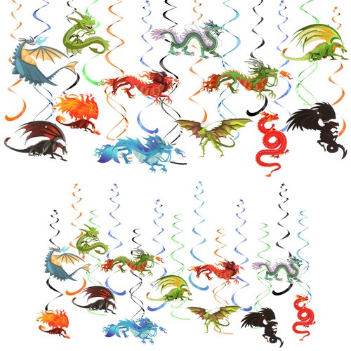 30 Pcs Dragon Party Decorations Dragon Hanging Swirl Foil Ceiling Decorations Fantasy Dragon Birthday Party Supplies for Wall Door Window