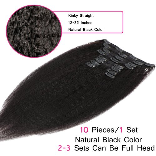 Kinky Straight Clip ins Real Human Hair Extensions 10pcs 22Inch Brazilian Virgin Clip in Human Hair For Black Women (22 Inch)