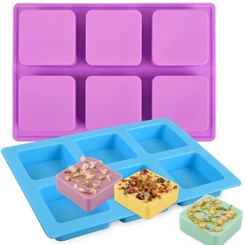 Sakolla 2 Pack 6 Cavity Silicone Soap Molds Square Bar Silicone Molds for Soap Making Supplies DIY Cupcake, Cheesecake, Cornbread, Muffin Molds Tray