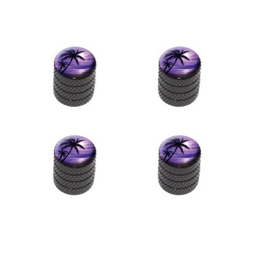 Purple Beach Sunset - Ocean Palm Tree Vacation Paradise Tire Rim Wheel Aluminum Valve Stem Caps - Black Color