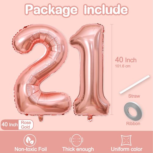 21 Balloon Number, 40 Inch Rose Gold Foil Balloons Giant Jumbo Helium Number 21 or 12 Balloons for Girls 21th 12th Birthday Decorations Anniversary Events Party Decorations (Rose Gold)