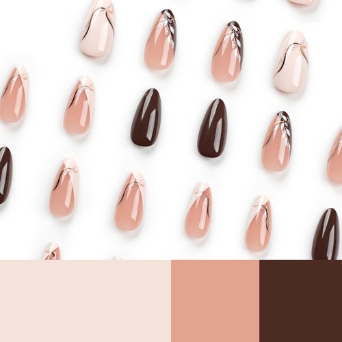 24 Pcs Almond Press on Nails Fall Fake Nails Brown White Medium False Nails with Leaf Designs Full Cover Glossy Acrylic Glue on Nails Autumn Thanksgiving Stick on Nails for Women Manicure DIY