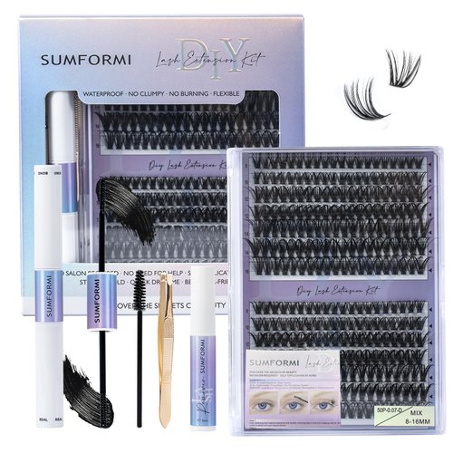 SUMFORMI DIY Lash Extension Kit Natural Eyelash Extension Kit Wispy Lash Clusters Kit Waterproof Single Lashes Extension Kit Natural Look Eyelash Cluster Lash Kit D Curl 8-16MM at Home 50D (Natural)