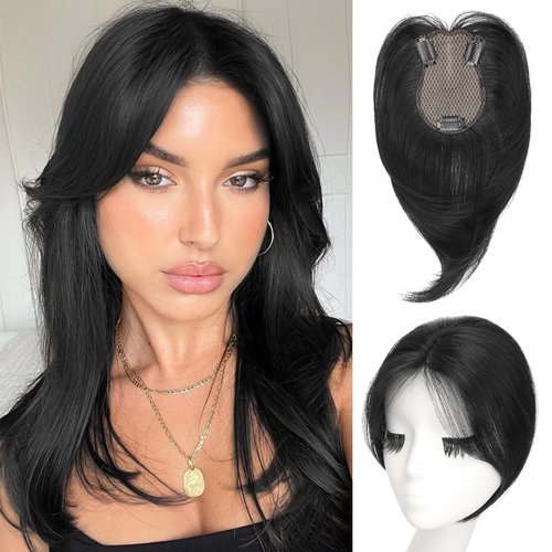 MONIXI Hair Toppers for Women Bangs Hair Clip 360° 3D Cover Clip in Fake Bangs with Toppers Hair Pieces for Thinning Hair Synthetic Fluffy Hair Middle Topper Daily Use (Middle Part, Black)