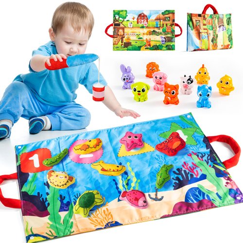 AONTESS Fishing Game for Toddler 1-3 and Farm Animal Number Counting and Color Matching & Sorting, 2 in 1 Montessori Toys for 1 Year Old Girls Boys, Learning Toys for 1-3 Babies Infant Birthday