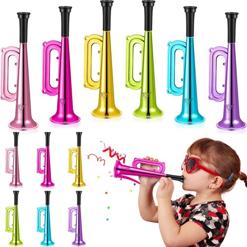 Poen 12 Pcs Toy Trumpet Kids Mini Metallic Trumpet Musical Instruments Plastic Trumpet Noise Makers for New Year Parties Kids Events Party Favors Music Class Stage Props 7 Inch(Colorful)