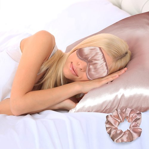 Ciana Luxurious Satin Pillowcase for Hair and Skin, Satin Pillowcase Set-2, 1 Eye Mask, 1 Scrunchie - Luxury Sleep Set, Pillow Cases with Envelope Closure (Queen Size, Rose Gold)