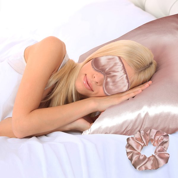 Ciana Luxurious Satin Pillowcase for Hair and Skin, Satin Pillowcase Set-2, 1 Eye Mask, 1 Scrunchie - Luxury Sleep Set, Pillow Cases with Envelope Closure (Queen Size, Rose Gold)