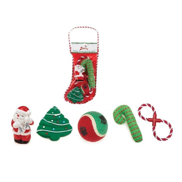 Zanies Holiday Stockings Gift for Dogs Christmas Theme Dog Toy Stocking Set of 5 Toys(Holiday Surprise Stocking)