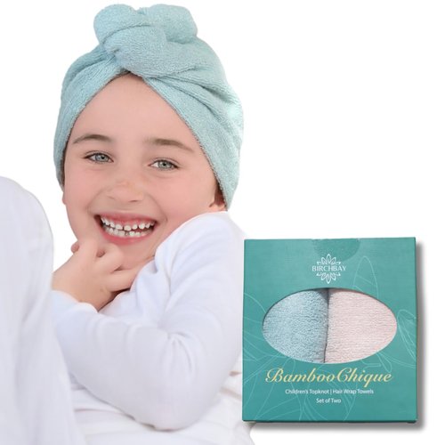 Hair Towel Wrap for Kids | 100% Bamboo Viscose |Tailored Small | Essential Hair Drying Wrap for Bath, Beach, Pool and Spa | Hair Accessory for Girls | Set of 2 | Seafoam Blue + Seashell Blush Pink