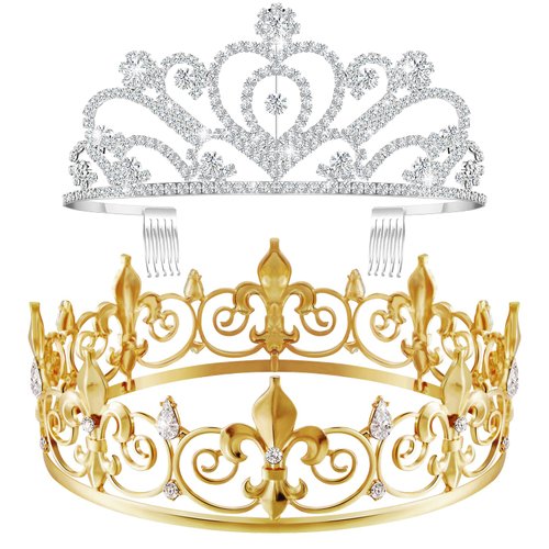 King Crown 2 Pcs Royal King Crown Metal Crystal Tiara Crown for Men Women Bridegroom Bride Princess for Wedding Halloween (Rhinestone Style)