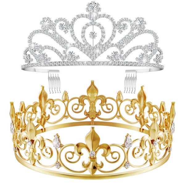 King Crown 2 Pcs Royal King Crown Metal Crystal Tiara Crown for Men Women Bridegroom Bride Princess for Wedding Halloween (Rhinestone Style)