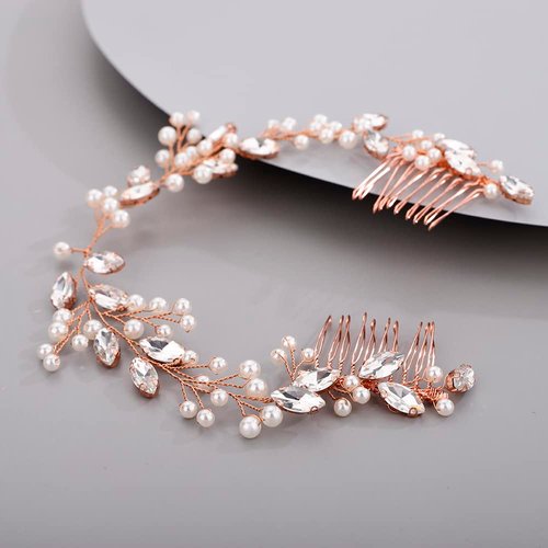 Hair Vine for Women Bridal Hair Comb for Bride Pearls Crystal Hair Comb Slide ROSE GOLD