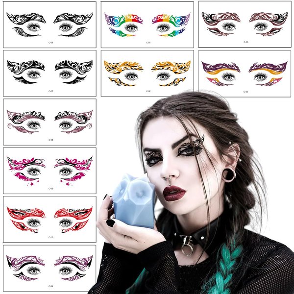 10 Sheets Eye shadow Tattoo Sticker Halloween Face Eye Temporary Tattoo Stickers Makeup Colorful Eyeliner Eyeshadow Lace Stickers for Women Halloween Christmas Masquerade Carnival Party
