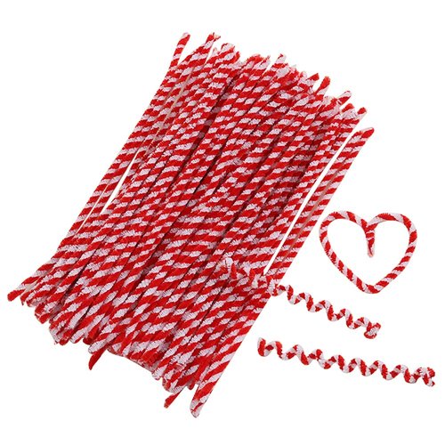 UUYYEO 100 Pcs Christmas Striped Chenille Stems Art Craft Pipe Cleaners Fuzzy Sticks Red with White Chenille Stems for Creative Christmas Decorations