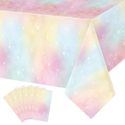 Tiamon 6 Pcs Pastel Rainbow Tablecloths Unicorn Table Cloth Birthday Party Decorations Plastic Disposable Rainbow Tie Dye Table Covers for Rainbow Unicorn Party Supplies, 54 x 108 in (Yellow)
