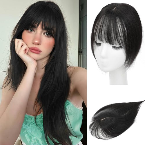 OLLAVO Hair Toppers for Women Real Human Hair, 360ｰ 3D Bangs Hair Clip Human Hair Toppers for Women with Thinning Hair Realistic Scalp Line Hair Topper (1B, 3D Wispy Bangs (11 * 7))