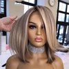 SuperDen Side Part Ash Blonde Highlight Short Bob Wigs Synthesis Straight Wigs Without Bangs for Daily Party (Ash Brown)