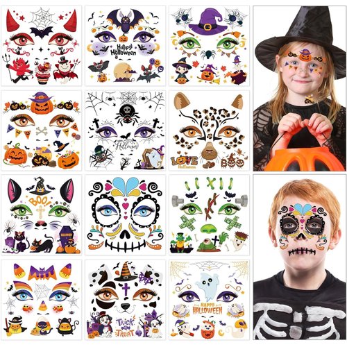 HOWAF Halloween Face Temporary Tattoos for Kids, 12 Sheets Trick or Treat Pumpkin Witch Spider Gold Leopard Mask Face Body Tattoos Sticker for Dia de Los Muertos Makeup Cosplay Party Supplies