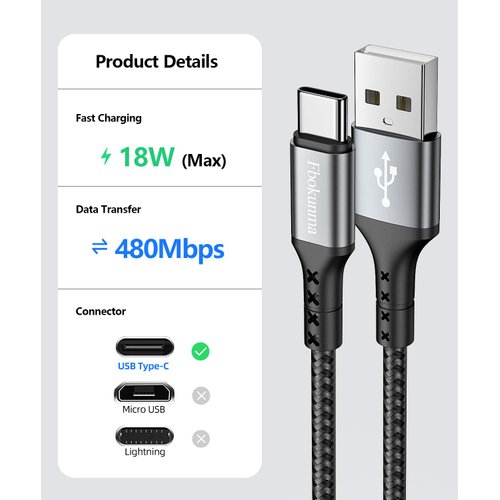 Fbokunma USB C Cable 1.6FT [3Pack], 20inch 3A USB to USB C Cable Nylon Braided Fast Charge Cord for iPhone15/15Pro/15Pro Max/15Plus,Galaxy S23/S22/S21,Note10/9, Power Bank and Other USB-C Devices