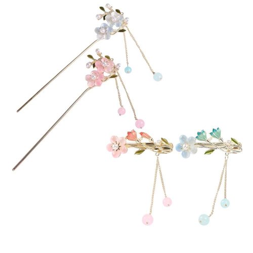 Pokinge 4PCS Floral Hair Accessories Chinese Style Flower Tassels Pearl Metal Hairpin Hair Sticks Vintage Hairpin Hair Sticks For Women Long Hair (pink blue)
