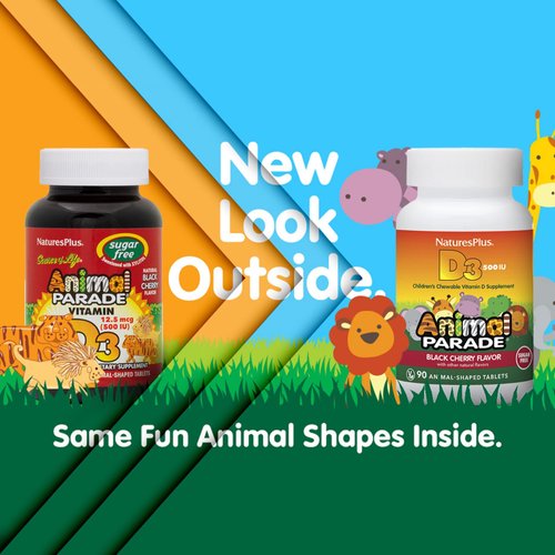 Natures Plus Animal Parade Sugar-Free Children's Vitamin D3-500 IU - Black Cherry Flavor - 90 Chewable Animal Shaped Tablets - Bone Health & Immune System Support - 90 Servings