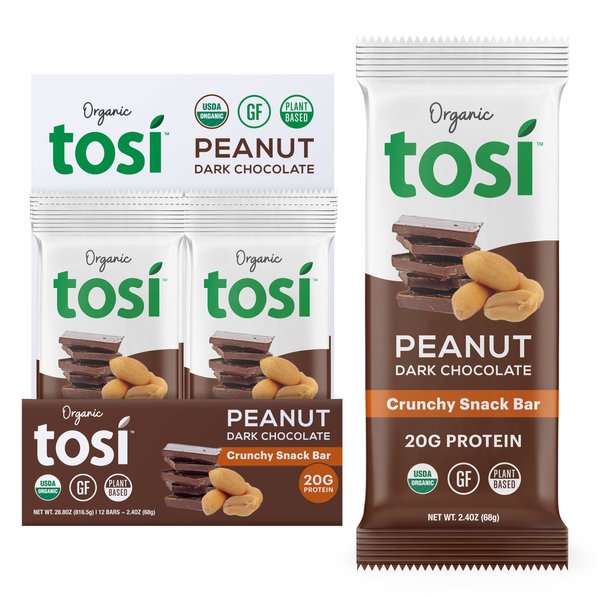 Tosi Dark Chocolate Peanut Protein Bars, Plant Based with Nuts, Gluten-Free Crunchy Snacks, Vegan, Organic, Flax & Chia Seeds, Soy-Free, Omega 3s, 20G Protein, 2.4 oz, 12-Pack
