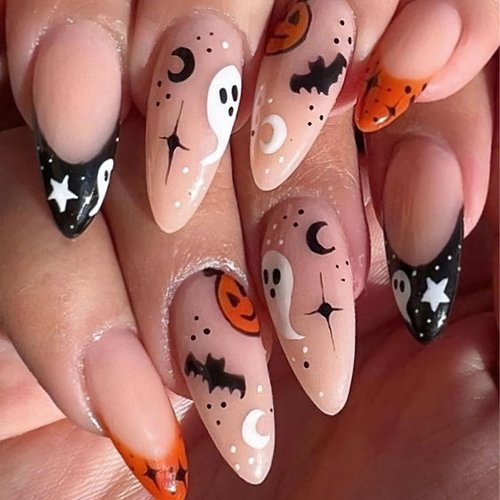 Jremg Halloween French Tip Press on Nails Medium Almond Fake Nails Glossy Nude Glue on Nails with Pumpkin Ghost Bat Designs False Nails Orange Black French Tip Stick on Nails for Women Girls 24Pcs
