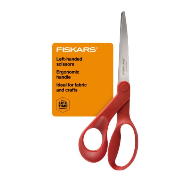 Fiskars® All-Purpose Left-Handed Scissors - Ergonomically Contoured - 8" Stainless Steel - Paper and Fabric Scissors for Office, Arts, and Crafts - Red