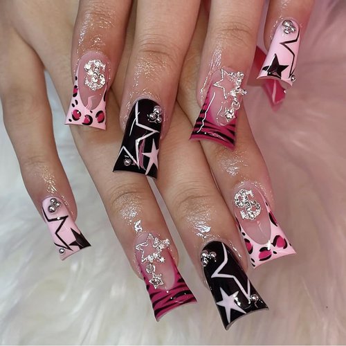 Duck Press on Nails MABKJLF Handmade French Tip Fake Nails Pink Black Full Cover Star Dollar Charm False Nails with Designs Y2K Glossy Glue on Nails Acrylic Nails Artificial Nails for Women Girls