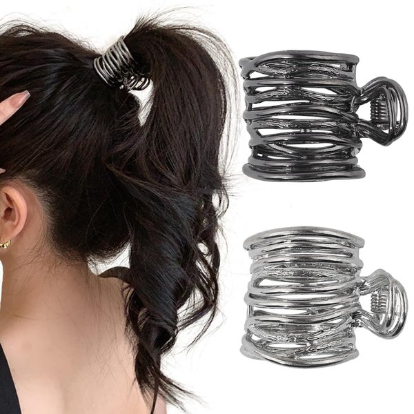 Myhiju Metal Hair Clips, 2 Pcs High Ponytail Clips for Women, Non-Slip Small Claw Clips for Thick Hair, Hair Accessories for Long Hair, Black & Silver