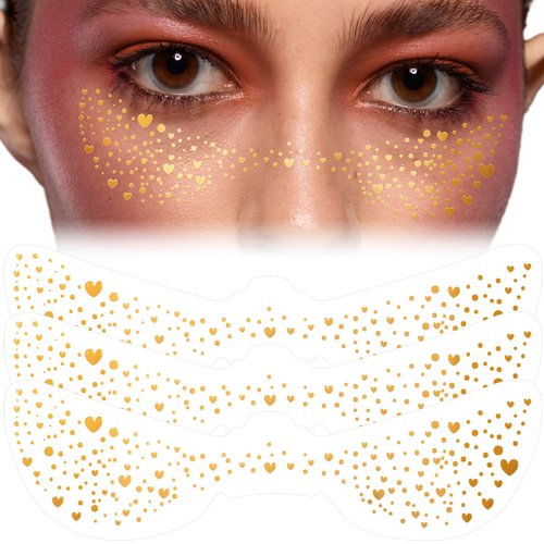 SmallCat 3 Sheets Glitter Freckles Face Tattoo Stickers, Gold Heart Glitter Makeup for Women, Waterproof Sparkle freckles, Faux Temporary Freckles for Face Body for Christmas Festivals Parties