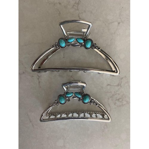 Generic Turquoise blue silver boho design metal native tribal alloy hair claw clip (Size: 3), 1 Count (Pack of 1)