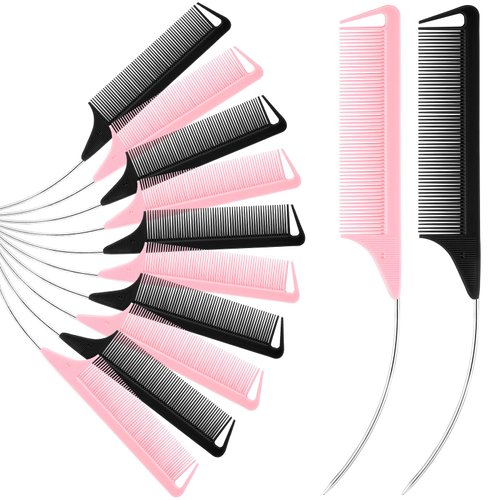 Yoande 12 Pcs C Curved Combs Parting Comb for Braids Hair Rat Tail Combs for Parting Hair Heat Resistant Teasing Comb with Stainless Steel Pintail for Women, Pink, Black