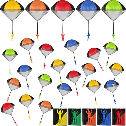 Meooeck 25 Pieces Parachute Toy for Boys Girls Throwing Toy Parachute Men Small Outdoor Flying Toys for Backyard Camping Party Favor, 5 Colors