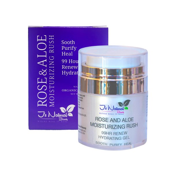 J'S NATURAL BEAUTY WHERE REAL IS REAL Unrefined Rose and Aloe Vera Moisturizing Rush 99 Hr Renew Hydration All Natural and Vegan Formula Highly Moisturizing Gel with Squalene