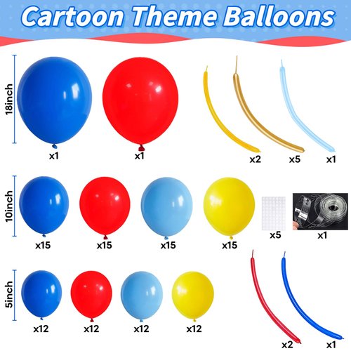 Jobkoo Red Blue Yellow Balloon Garland Arch Kit 127 PCS Dark Light Blue Red Yellow Primary Color Balloons with Long Balloon for Cartoon Hedgehog Theme Carnival Circus Baby Shower Birthday Party Decor