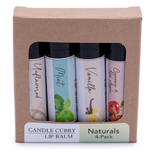 Candle Cubby Lip Balm Naturals 4-Pack, Mint Vanilla Cinnamon Red Apple Unflavored, Natural Beeswax, Moisturizing Lip Treatment, 4 Tubes, 0.15 oz., White