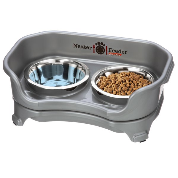 Neater Feeder - Express Model - Mess-Proof Cat Bowls (Cat, Gunmetal Grey) – Made in USA – Elevated, No Spill, Non-Tip, Non-Slip, Raised Stainless Steel Food & Water Pet Bowls