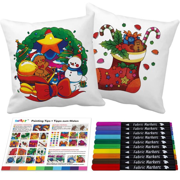 SNEILJOY Throw Pillow Covers for Kids Painting Set, Arts and Crafts for Kids Ages 6-12, Two Cushion Cover (15.5×15.5 in) with Ten Fabric Markers, Art Supplies, Party Favors for Kids 8-12