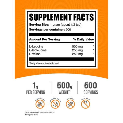 BulkSupplements.com BCAA 2:1:1 Powder - Branched Chain Amino Acids, BCAA Supplement, BCAAs Amino Acids Powder - Unflavored & Gluten Free, 1000mg per Serving, 500g (1.1 lbs) (Pack of 1)